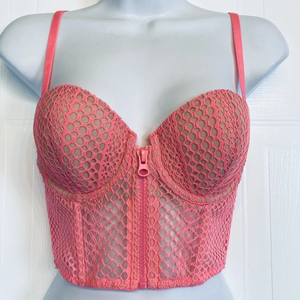 Victoria Secret Very Sexy Corset Size 34C Pink Fishnet Zip Front Bustier Top NEW